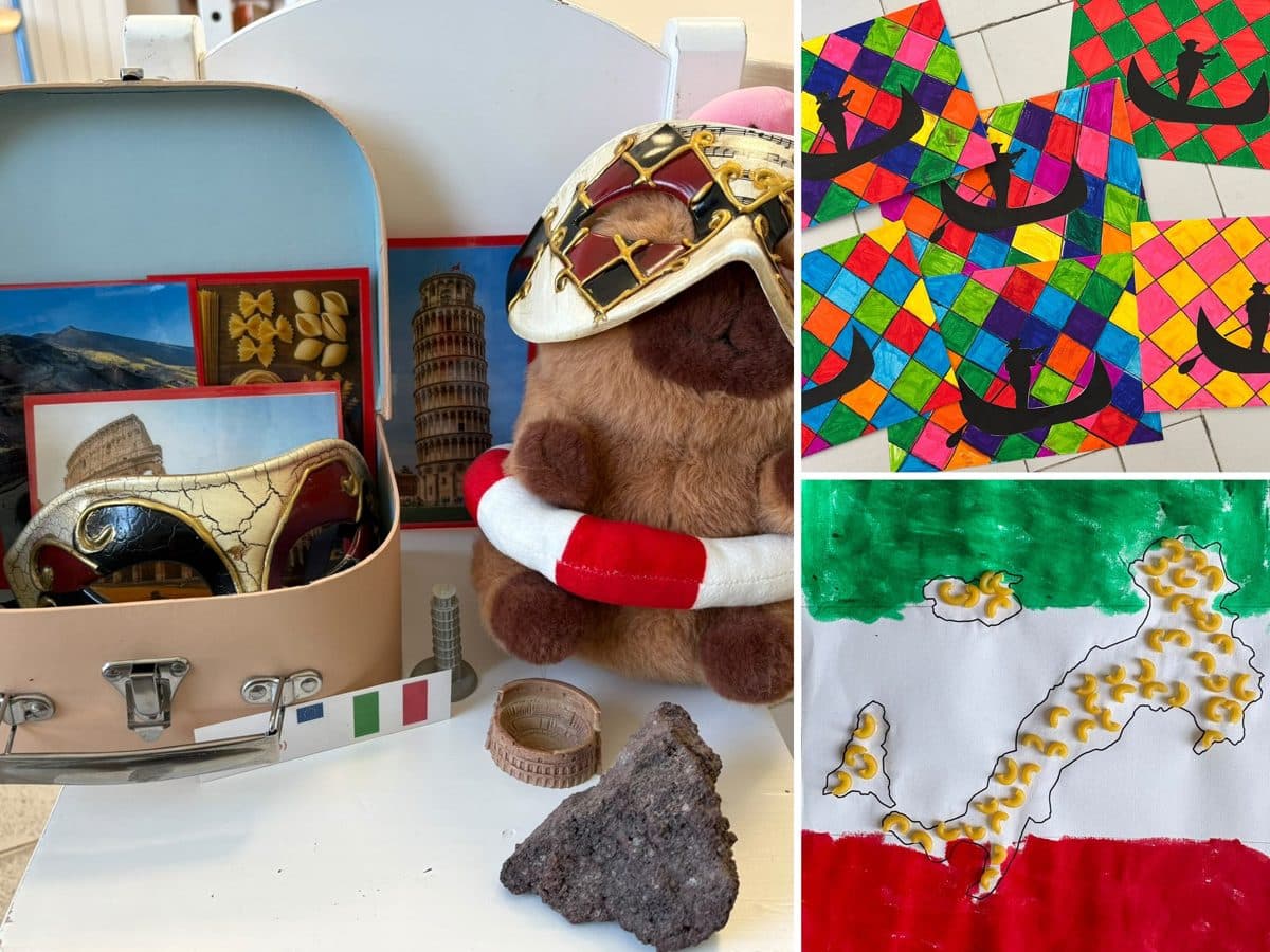 L'étape italienne : masque de Venise, motif d'Arlequin et botte en pâtes